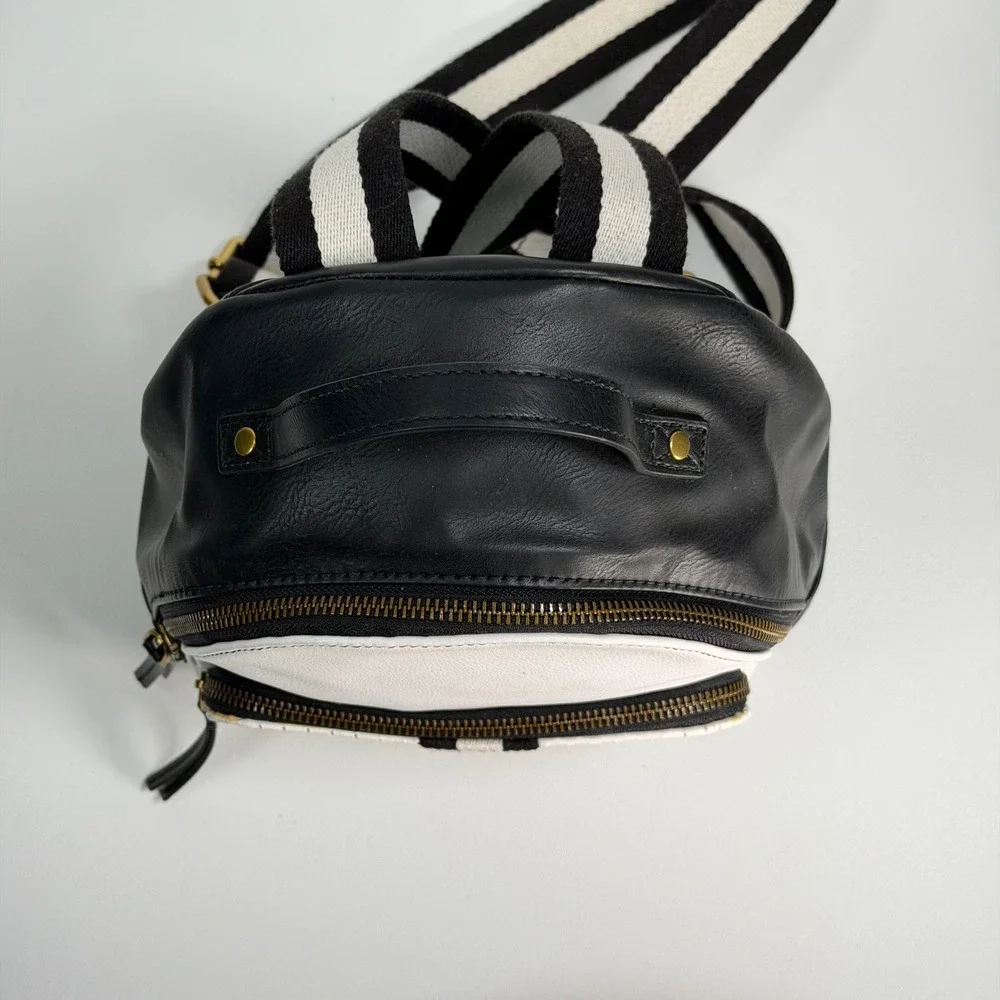 Fossil Megan Mini Backpack Women Small Black White Perforated Leather Stripe Bag